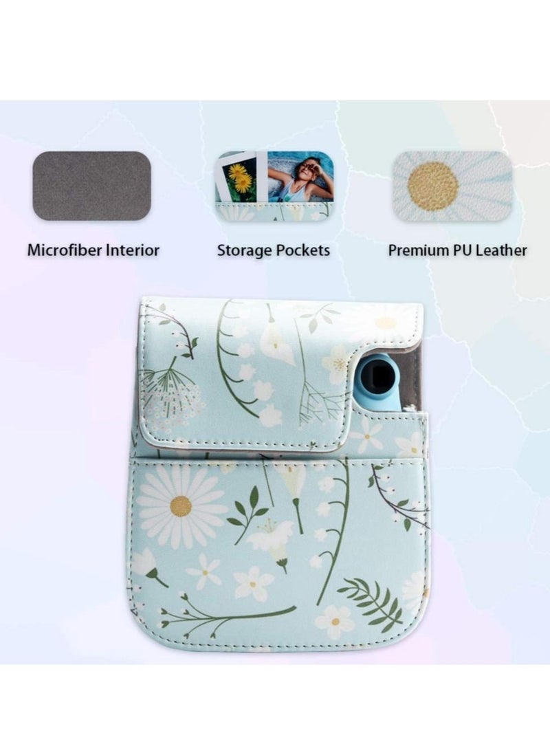 Captaintech Camera Bag Camera Protection Bag Vintage Floral PU Leather Camera Storage Bag with Shoulder Strap for Instax Mini 11 Fresh Green Small Daisy Camera Bag - Image 4