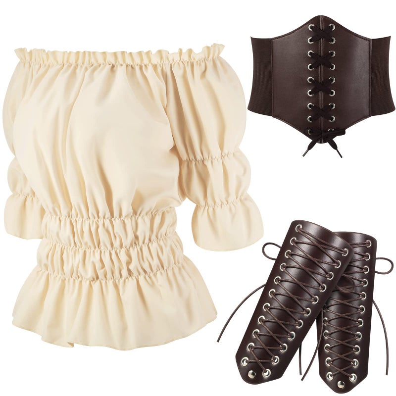 زي قراصنة نسائي زي قراصنة فيكتوري من العصور الوسطى بلوزة رينسانس حزام خصر سوار لحفلة كرنفال XL