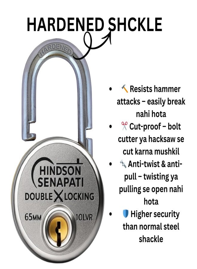 HINDSON 4 Common Keys SENAPATI 65mm Double Locking | Pack of 2 with 4 Common Keys | Heavy Duty Lock and Key for Home, Door, Gate & Shutter Security | Hardened Shackle, High Safety Padlock - Image 2