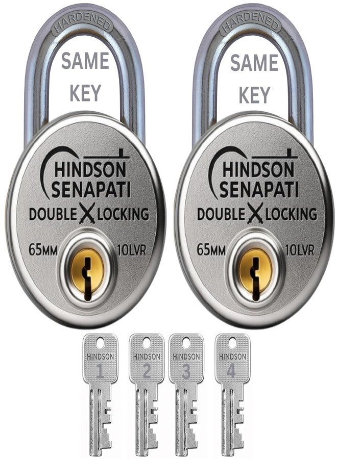 HINDSON 4 Common Keys SENAPATI 65mm Double Locking | Pack of 2 with 4 Common Keys | Heavy Duty Lock and Key for Home, Door, Gate & Shutter Security | Hardened Shackle, High Safety Padlock - Image 1