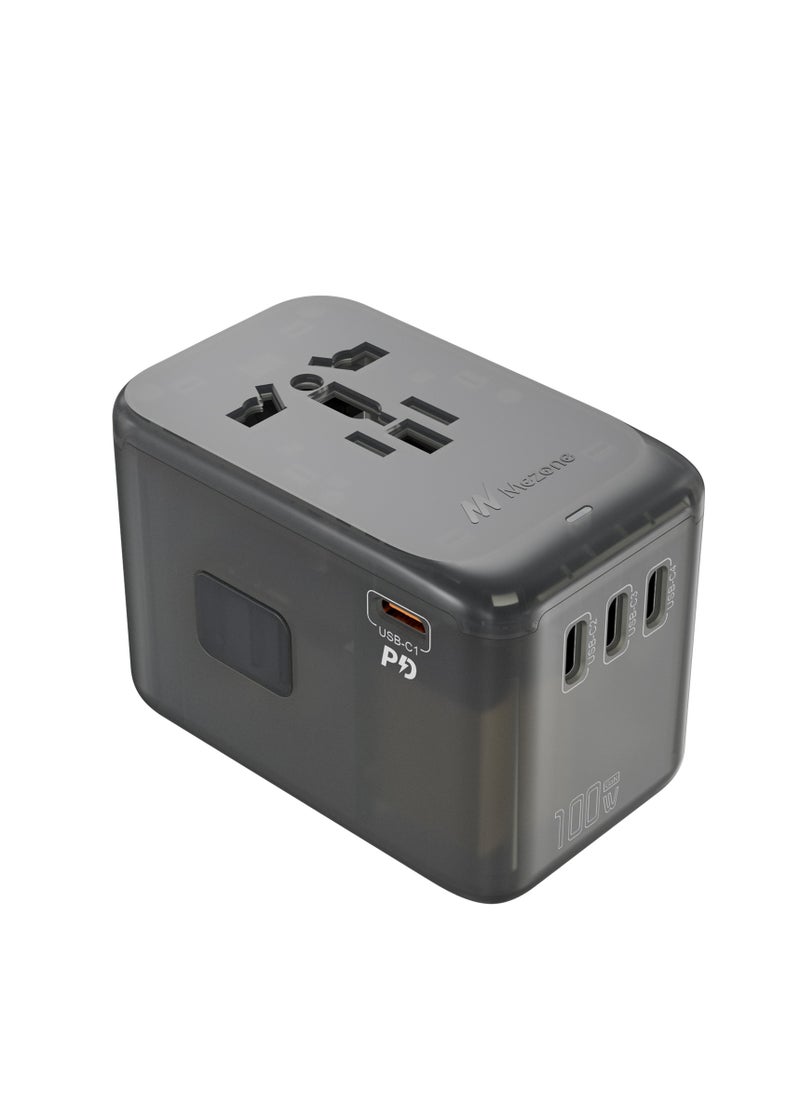 Mezone 100W Universal Adapter, Worldwide Travel Plug Adaptor with 1 USB A and 4 USB C Ports, International Travel Adapter for EU, UK, USA, AU, Power Socket for Multi Countries, Transparent Dark Grey  - Image 1