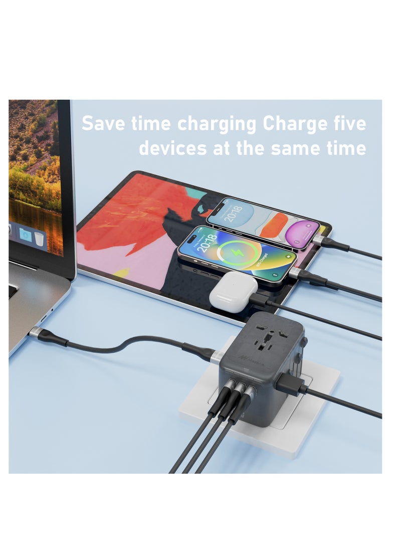 Mezone - 100W Universal Adapter, Worldwide Travel Plug Adaptor with 1 USB A and 4 USB C Ports, International Travel Adapter for EU, UK, USA, AU, Power Socket for Multi Countries, Transparent Dark Grey - Image 1