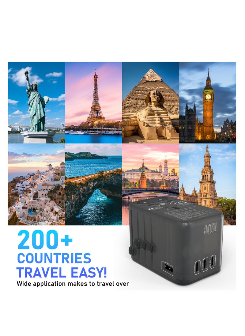 Mezone - 100W Universal Adapter, Worldwide Travel Plug Adaptor with 1 USB A and 4 USB C Ports, International Travel Adapter for EU, UK, USA, AU, Power Socket for Multi Countries, Transparent Dark Grey - Image 1