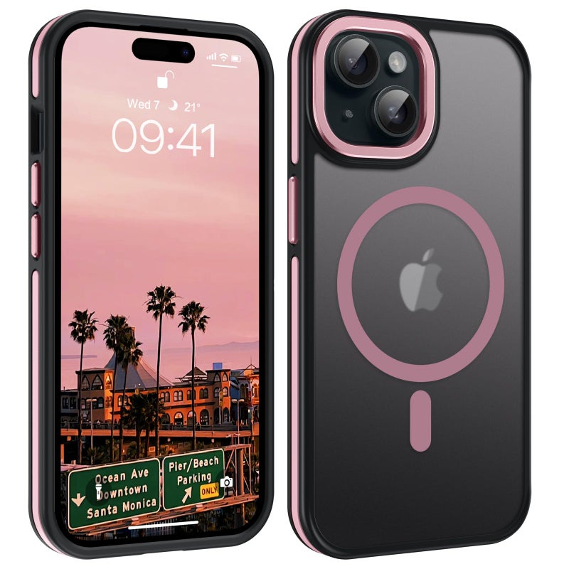 YINLAI Case for iPhone 15 Plus 6.7-Inch, iPhone 15 Plus Phone Case Magnetic [Compatible with Magsafe] Slim Translucent Matte Men Women Girls Shockproof Protective Back Cover, Black/Pink - Image 1