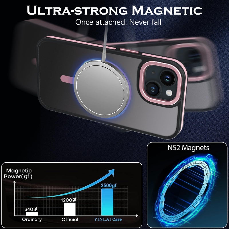YINLAI Case for iPhone 15 Plus 6.7-Inch, iPhone 15 Plus Phone Case Magnetic [Compatible with Magsafe] Slim Translucent Matte Men Women Girls Shockproof Protective Back Cover, Black/Pink - Image 3