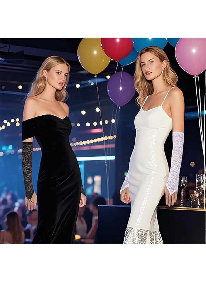 2 Pairs Women Fingerless Lace Gloves, Elbow Length Long Gloves, Prom Cosplay Evening Wedding Dinner Bridal Dance Gloves (Black+White) - Image 5