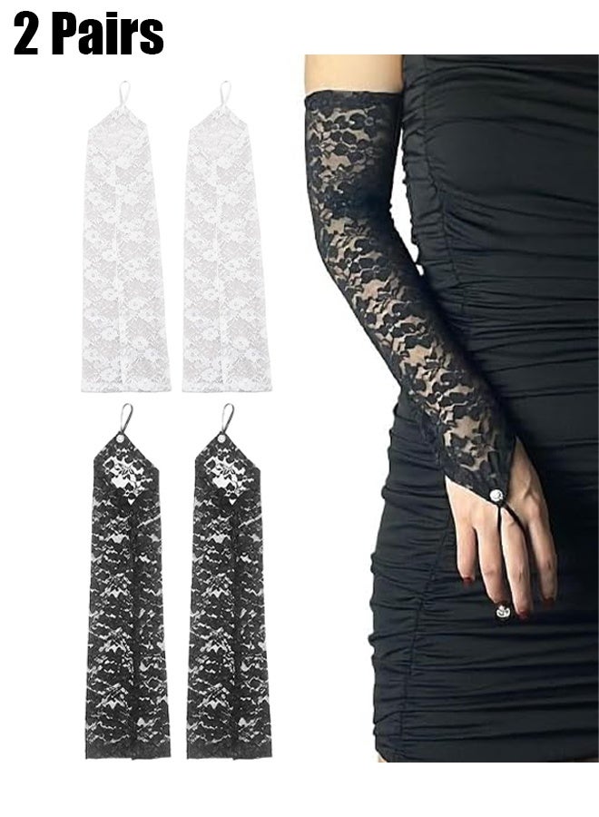 2 Pairs Women Fingerless Lace Gloves, Elbow Length Long Gloves, Prom Cosplay Evening Wedding Dinner Bridal Dance Gloves (Black+White) - Image 1