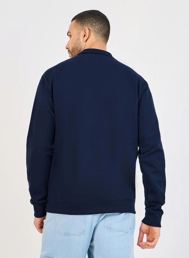 Styli Quarter Zip Minimal Print High Neck Rib Relaxed Sweatshirt