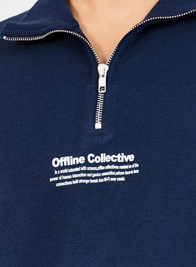 Styli Quarter Zip Minimal Print High Neck Rib Relaxed Sweatshirt