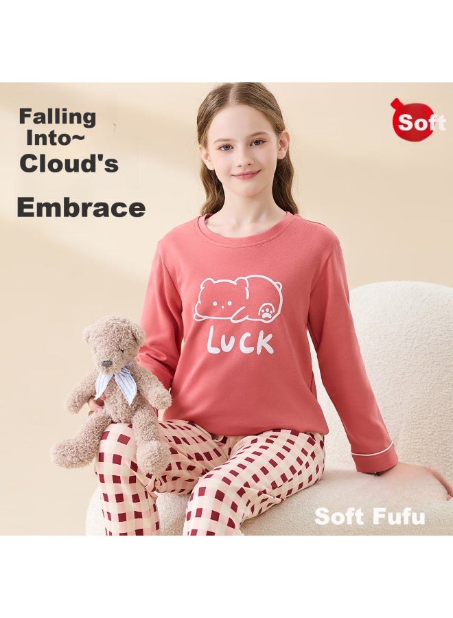 Hodo Kids Girls Spring Summer 100% Cotton Antibacterial Long Sleeve Round Neck Long Pants Pajama Set