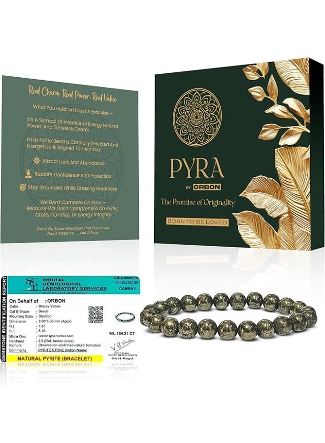 ORBON PYRA Certified Original Raw Pyrite Bracelet - Natural Stone Energy for Men & Women | Golden Pyrite Crystal for Wealth, Success & Healing - Image 1