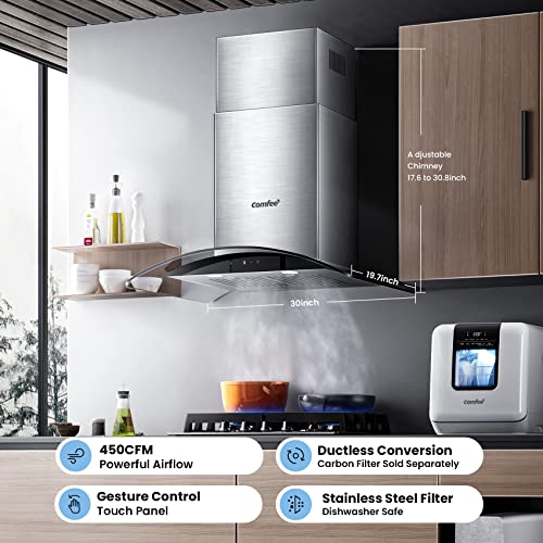COMFEE' Curved Glass Range Hood 30 Inch 450 CFM 3 Speed Gesture Sensing &Touch Control Panel Stainless Steel kitchen Ductless/Ducted Convertible with Baffle Filters and 2 LED Lights (CVG30W9AST) - Image 2