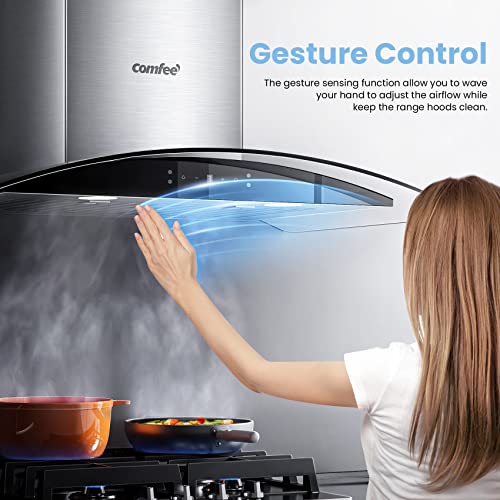 COMFEE' Curved Glass Range Hood 30 Inch 450 CFM 3 Speed Gesture Sensing &Touch Control Panel Stainless Steel kitchen Ductless/Ducted Convertible with Baffle Filters and 2 LED Lights (CVG30W9AST) - Image 3