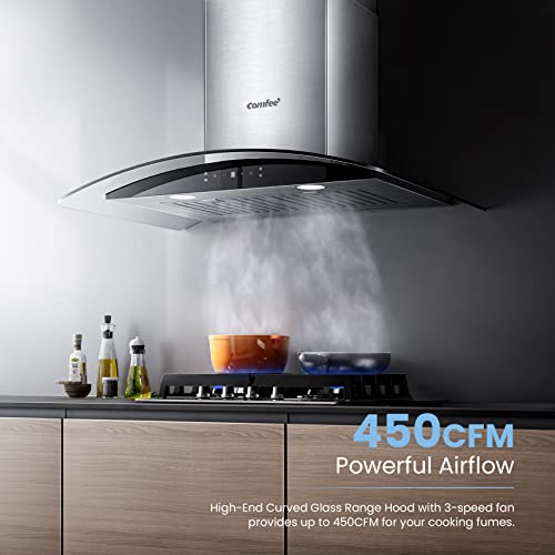 COMFEE' Curved Glass Range Hood 30 Inch 450 CFM 3 Speed Gesture Sensing &Touch Control Panel Stainless Steel kitchen Ductless/Ducted Convertible with Baffle Filters and 2 LED Lights (CVG30W9AST) - Image 4