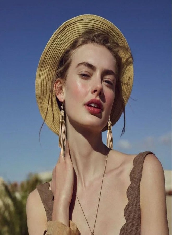 Coiris Boho Leather Layered Tassel Earrings for Women Lightweight Leather Fringe Dangle Earrings Handmade Bohemian Summer Beach Western Drop Earrings for Women（ER1306-Khaki） - Image 3
