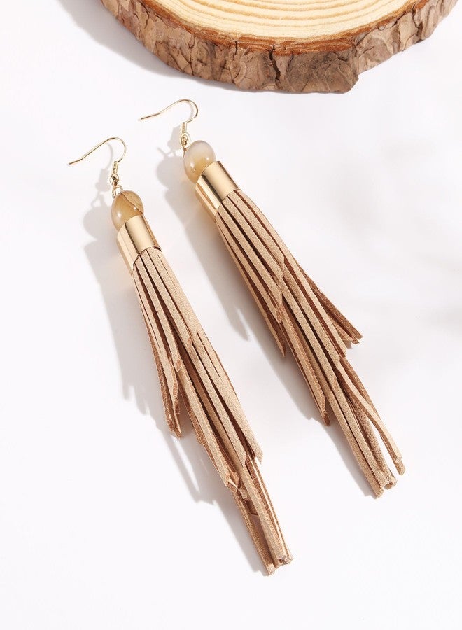 Coiris Boho Leather Layered Tassel Earrings for Women Lightweight Leather Fringe Dangle Earrings Handmade Bohemian Summer Beach Western Drop Earrings for Women（ER1306-Khaki） - Image 2