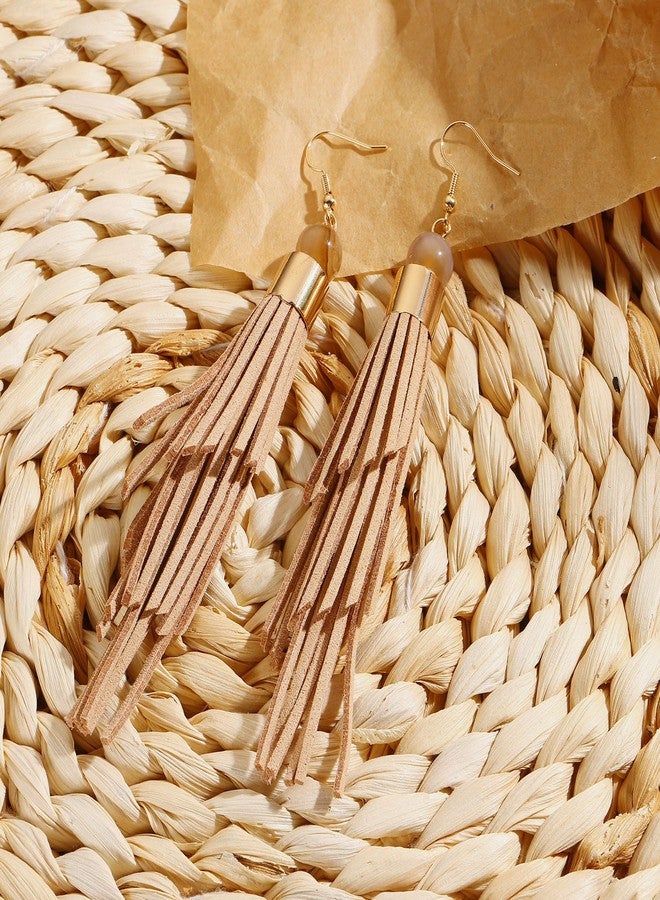 Coiris Boho Leather Layered Tassel Earrings for Women Lightweight Leather Fringe Dangle Earrings Handmade Bohemian Summer Beach Western Drop Earrings for Women（ER1306-Khaki） - Image 4