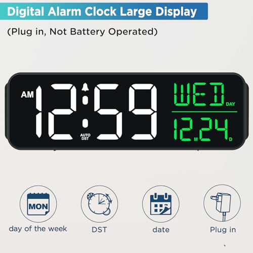 Peakeep Large Display Digital Alarm Clock for Bedrooms, Date Day of Week Calendar Desk Table Clocks for Living Room Office, Dimmable Plug in Electric Clock, 5 Volumes, Loud, Auto DST - Image 2