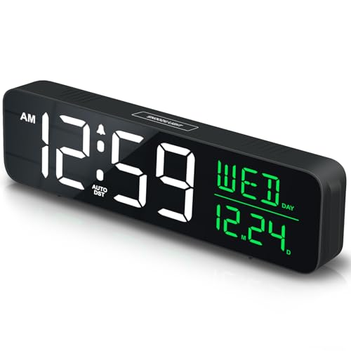 Peakeep Large Display Digital Alarm Clock for Bedrooms, Date Day of Week Calendar Desk Table Clocks for Living Room Office, Dimmable Plug in Electric Clock, 5 Volumes, Loud, Auto DST - Image 1
