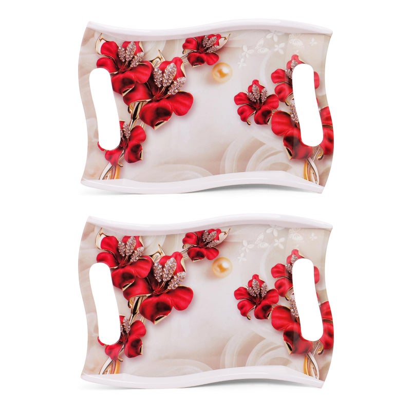 Home Pro Home-Pro - Melamine Serving Tray | Rose Petals Design | Ideal Tray for Serving Snacks/Tea/Coffee | Medium Size Tray (30 * 22.5 cm) Pack of 2 - Image 1