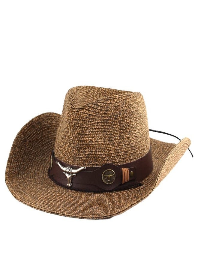 BXT Men Women Straw Cowboy Cowgirl Hat Western Hat with Wide Brim, Chin Strap, Brown - Image 5