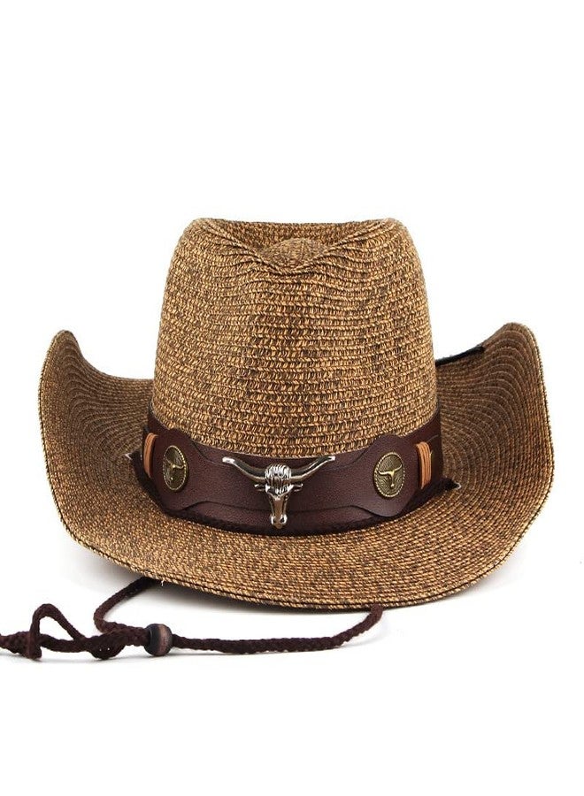 BXT Men Women Straw Cowboy Cowgirl Hat Western Hat with Wide Brim, Chin Strap, Brown - Image 1
