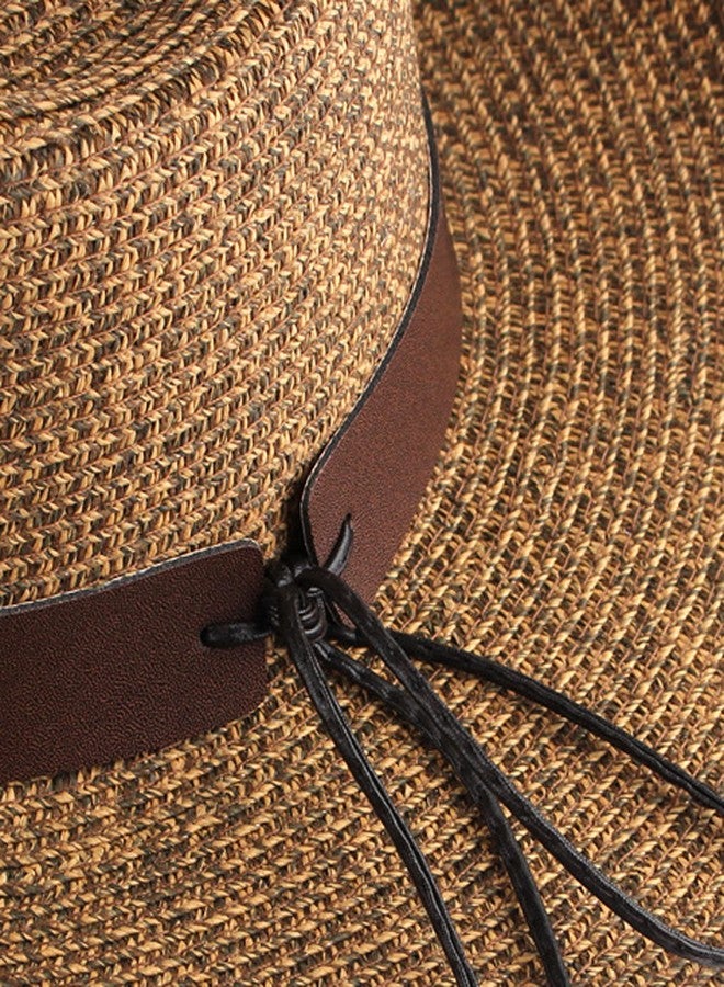 BXT Men Women Straw Cowboy Cowgirl Hat Western Hat with Wide Brim, Chin Strap, Brown - Image 2