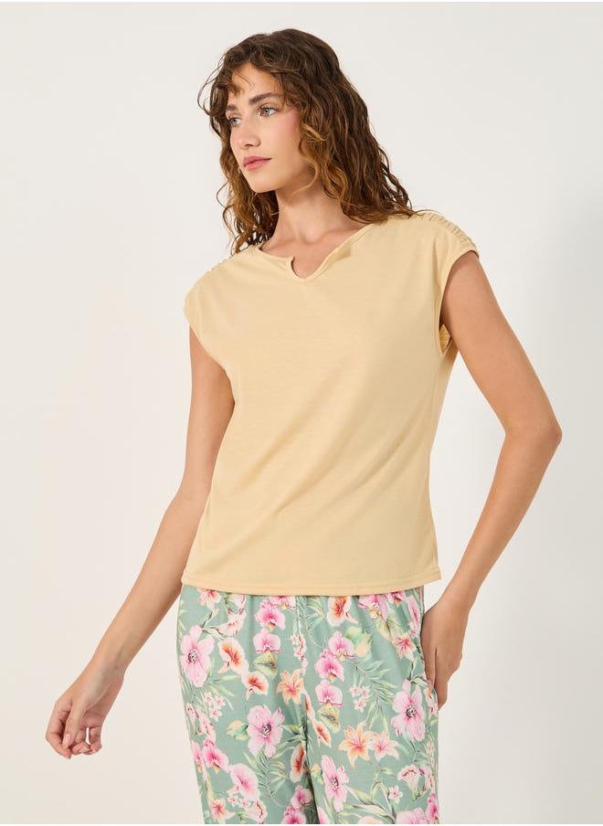 Styli - Solid Gathered Shoulder Top and Printed Pyjama Pants Set - Image 1