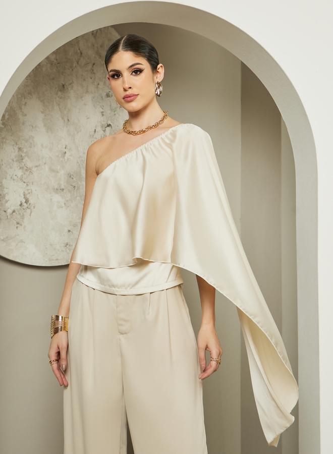 Styli One Shoulder Asymmetric Neck Cape Blouse - Image 2