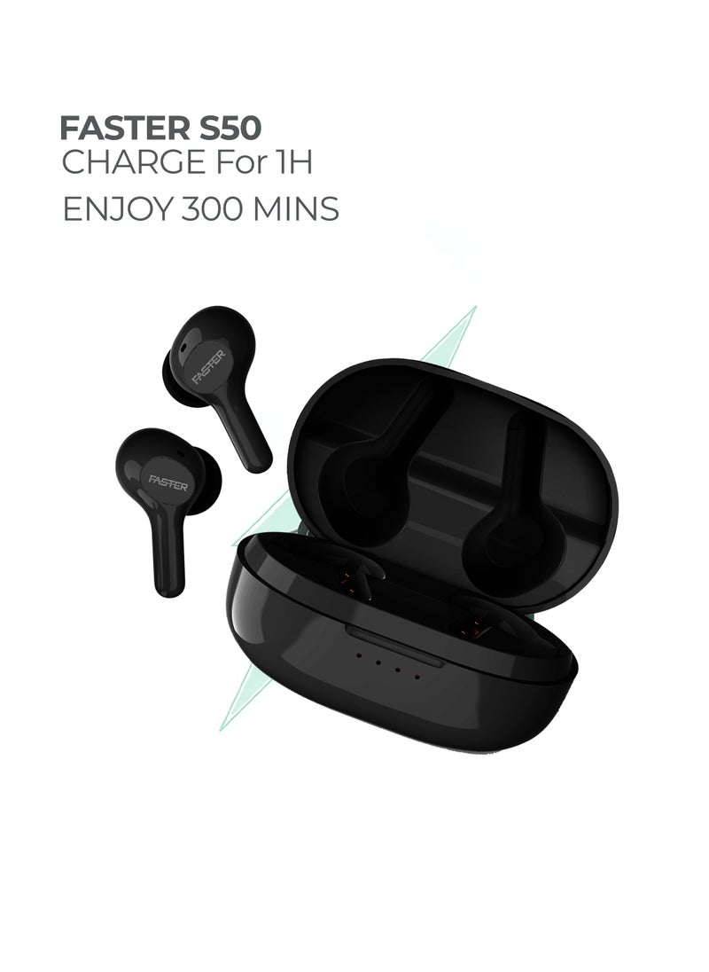 Faster - S50 Wireless Earbuds with Active Voice Assistant - 6 Hours Playtime - HiFi Stereo Sound - Bluetooth Earphones with Ultra-Low Latency - IPX5 Sweat & Splash Proof - For Exercise, Gym - Compatible with iPhone & Android (Black) - Image 1