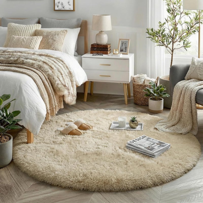 Amdrebio Beige Round Area Rugs 5Ft for Bedroom, Fluffy Plush Shag Furry Circle Rug for Kids Room, Living Room Decor Aesthetic, Fuzzy Circular Tan Neutral Carpet for Teens Baby Nursery Playroom Dorm - Image 1