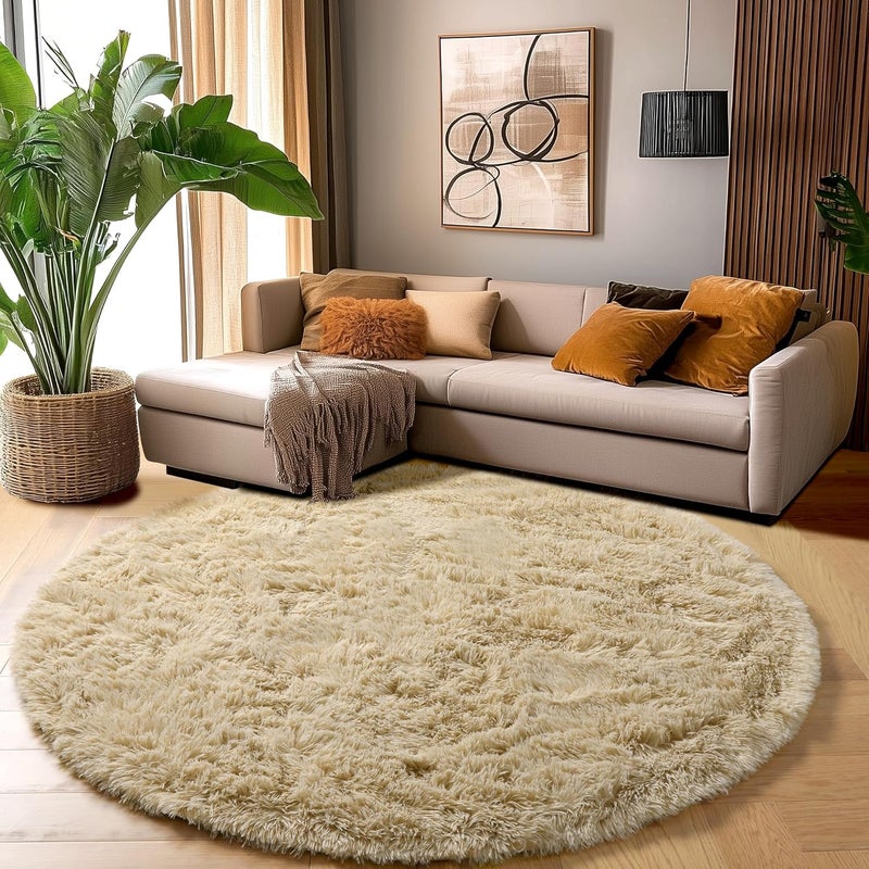 Amdrebio Beige Round Area Rugs 5Ft for Bedroom, Fluffy Plush Shag Furry Circle Rug for Kids Room, Living Room Decor Aesthetic, Fuzzy Circular Tan Neutral Carpet for Teens Baby Nursery Playroom Dorm - Image 3