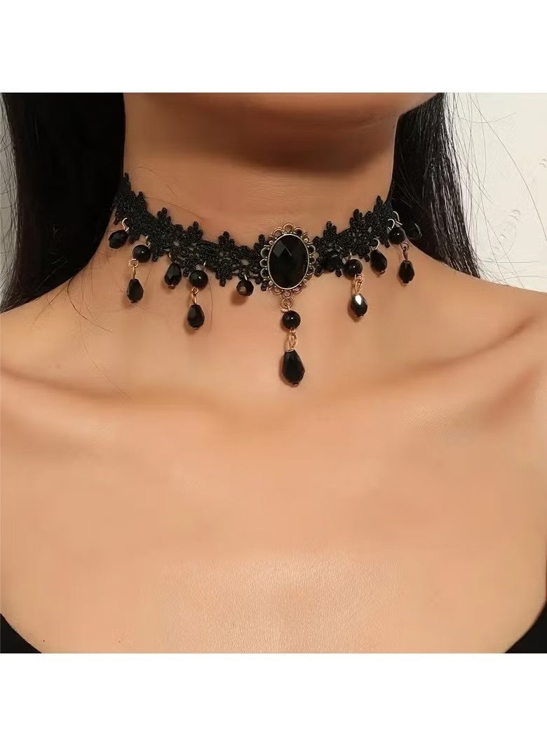Gothic Punk-Inspired Black Lace Tassel Choker Necklace - Vintage Style, Alloy, Perfect for Everyday & Party Wear - Image 1