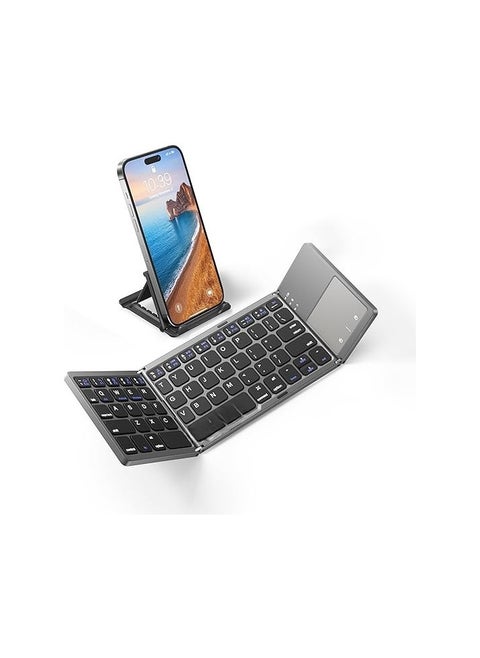 Foldable Bluetooth Keyboard with Touchpad, Ultra-Thin Wireless Rechargeable Keyboard with Stand, Compatible with Android, Windows, iOS, Tablets, and Laptops – Gray