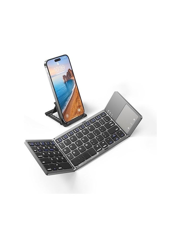 Generic - Foldable Bluetooth Keyboard with Touchpad, Ultra-Thin Wireless Rechargeable Keyboard with Stand, Compatible with Android, Windows, iOS, Tablets, and Laptops – Gray - Image 1