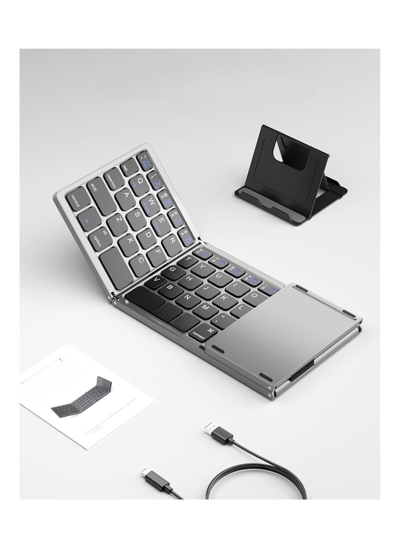 Generic - Foldable Bluetooth Keyboard with Touchpad, Ultra-Thin Wireless Rechargeable Keyboard with Stand, Compatible with Android, Windows, iOS, Tablets, and Laptops – Gray - Image 1