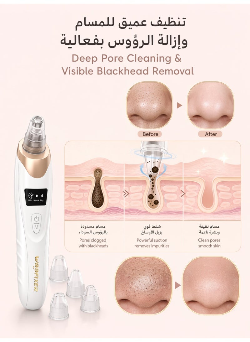 Woofixer Electric Blackhead Removal Device for Pore Cleaning, with 3 Levels Of Suction Force and 5 Types of Replaceable Suction Heads. USB Charging Blackhead and Pimple Removal Device, Suitable for Various Skin Types. - Image 2