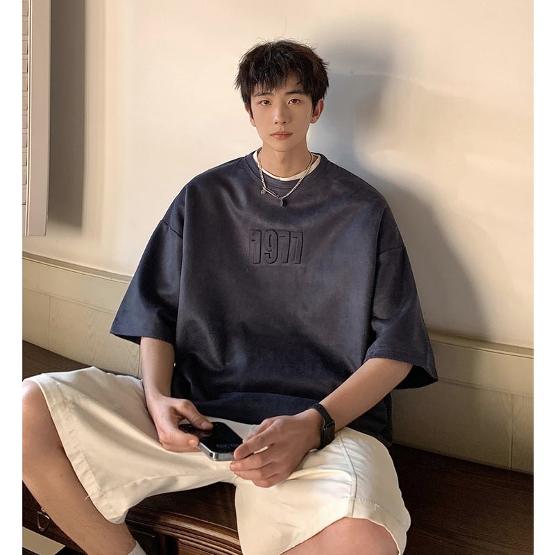 American suede 1977 short-sleeved T-shirt men's summer high street Heavy plus size 3/4 sleeve oversize fashion brand - Image 1