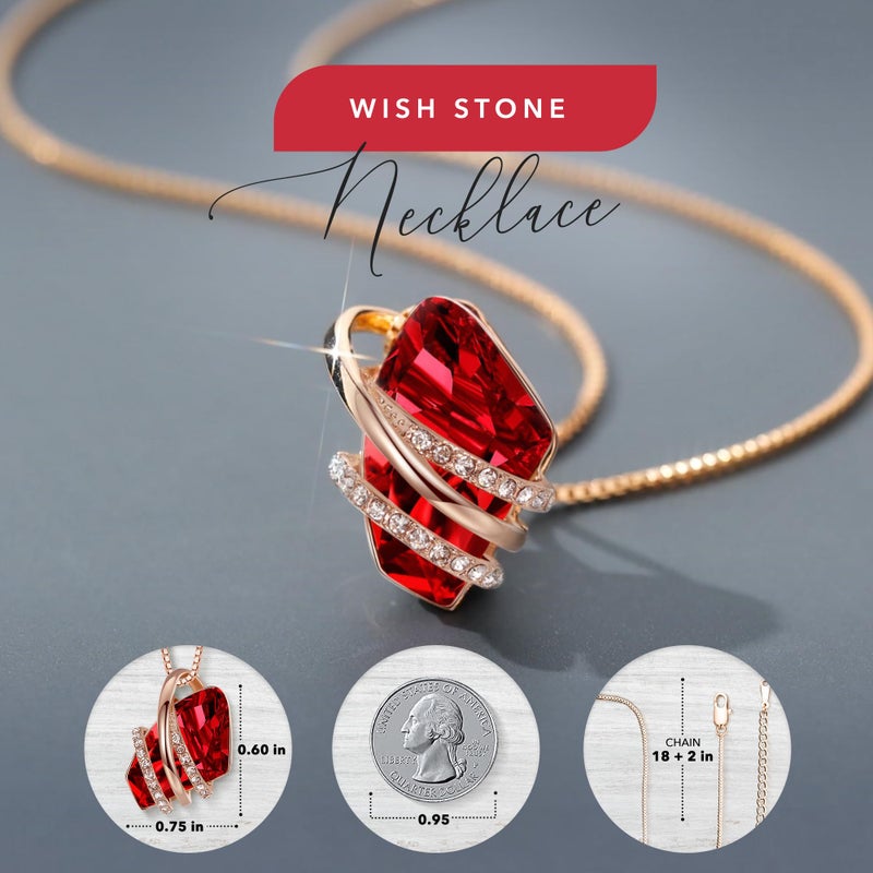 Leafael Wish Stone Pendant Necklace with Red Birthstone Crystal for January and July, 18K Rose Gold Plated, 18" + 2" Chain - Image 3