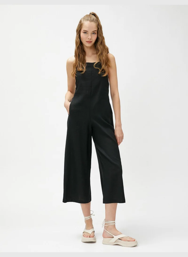 KOTON Linen Mix Square Neck Pocket Detail Wide Leg Jumpsuit