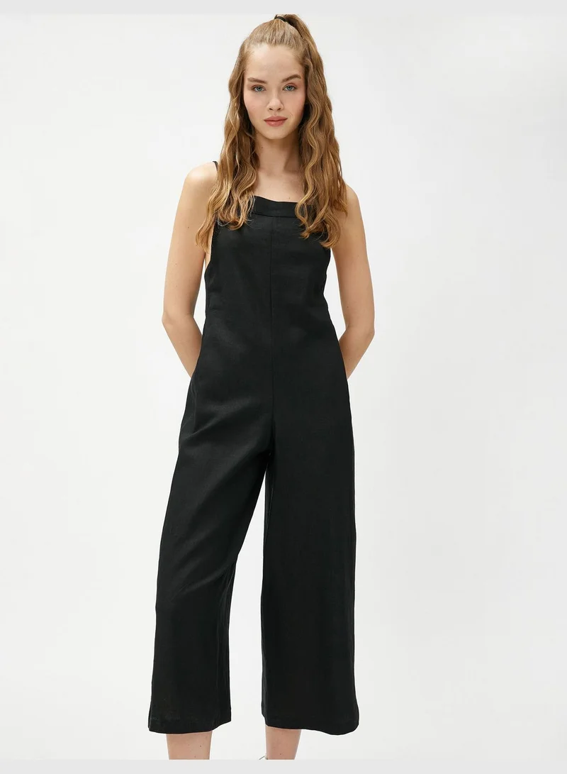 KOTON Linen Mix Square Neck Pocket Detail Wide Leg Jumpsuit