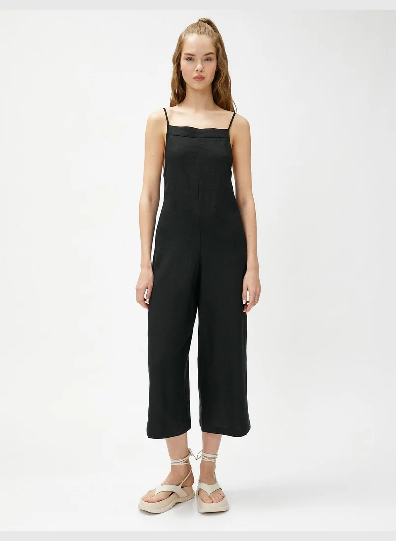 KOTON Linen Mix Square Neck Pocket Detail Wide Leg Jumpsuit