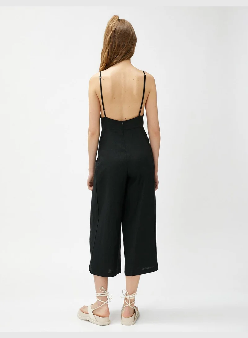 KOTON Linen Mix Square Neck Pocket Detail Wide Leg Jumpsuit