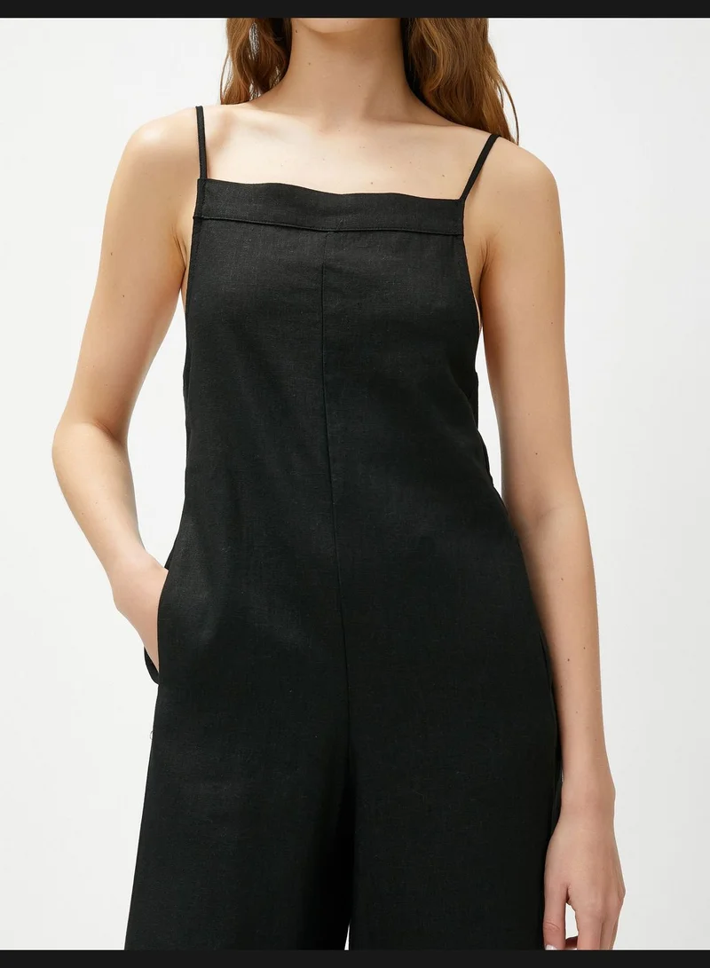KOTON Linen Mix Square Neck Pocket Detail Wide Leg Jumpsuit