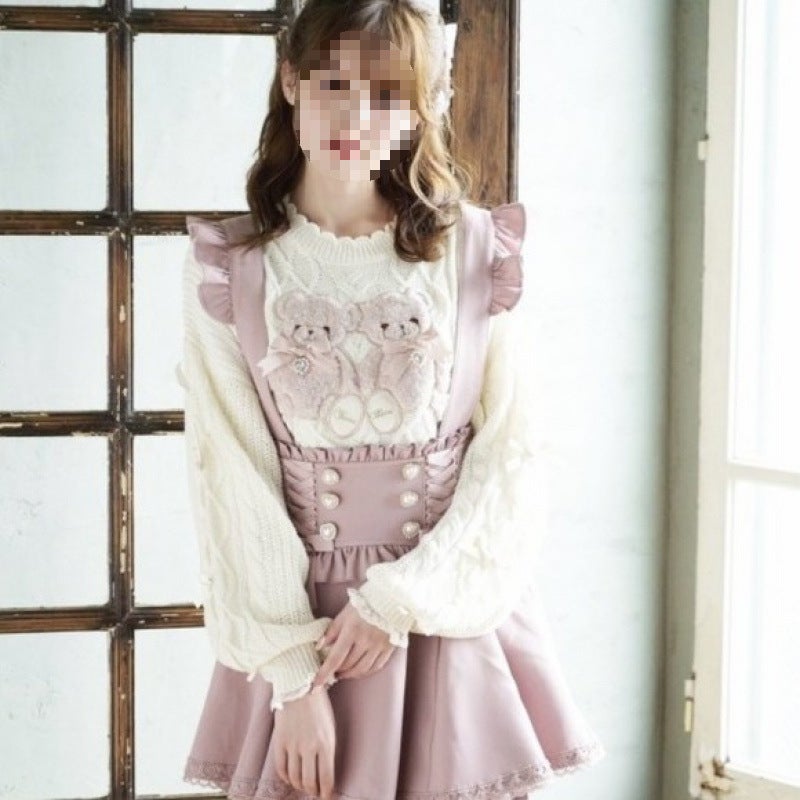 [Full] Japanese Lilei Ribbon Bow Strap Skirt Lolita Soft Girl Cute Skirt pink suspender skirt (excluding shirt)
