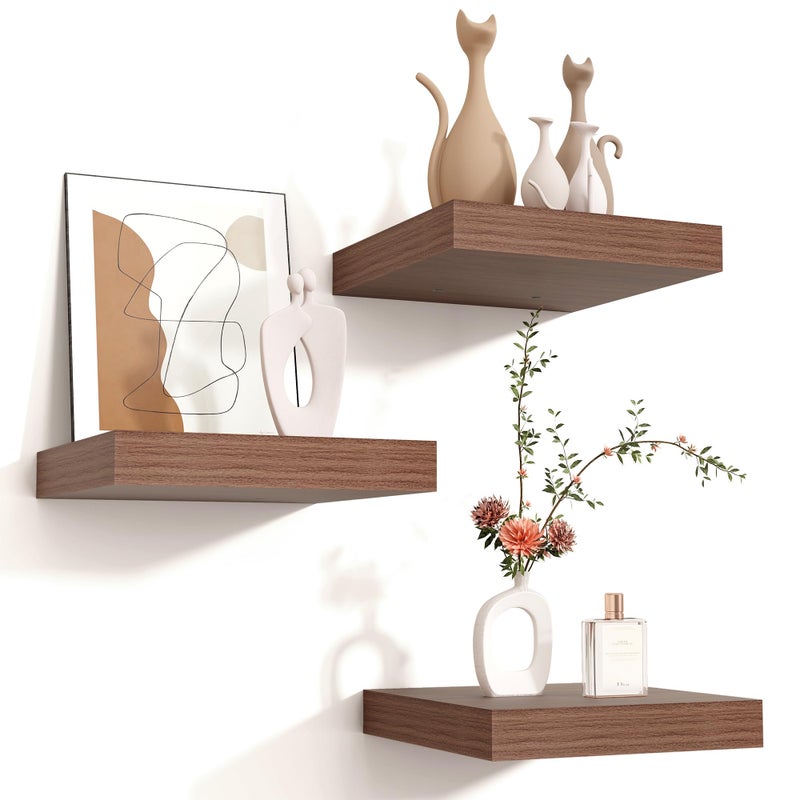 Venusmiles Floating Shelves for Wall, 3 Small Wall Mounted Shelves with Invisible Brackets, Square Wood Floating Wall Shelf Shelves for Living Room, Bedroom, Kitchen Decor (Walnut, 8" W x 8" D x 1.3" H) - Image 1