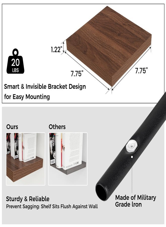 Venusmiles Floating Shelves for Wall, 3 Small Wall Mounted Shelves with Invisible Brackets, Square Wood Floating Wall Shelf Shelves for Living Room, Bedroom, Kitchen Decor (Walnut, 8" W x 8" D x 1.3" H) - Image 3