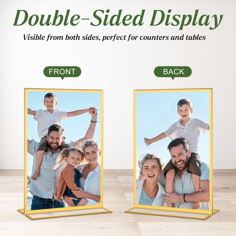 Alffun 10 Pack Gold Acrylic Sign Holders 4x6 Inch, Double Sided Vertical Stand Clear Picture Frames, Table Menu Display Holders for Wedding Table Numbers, Restaurant Signs, Party and Office Photos - Image 5