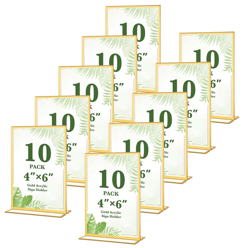 Alffun 10 Pack Gold Acrylic Sign Holders 4x6 Inch, Double Sided Vertical Stand Clear Picture Frames, Table Menu Display Holders for Wedding Table Numbers, Restaurant Signs, Party and Office Photos - Image 1