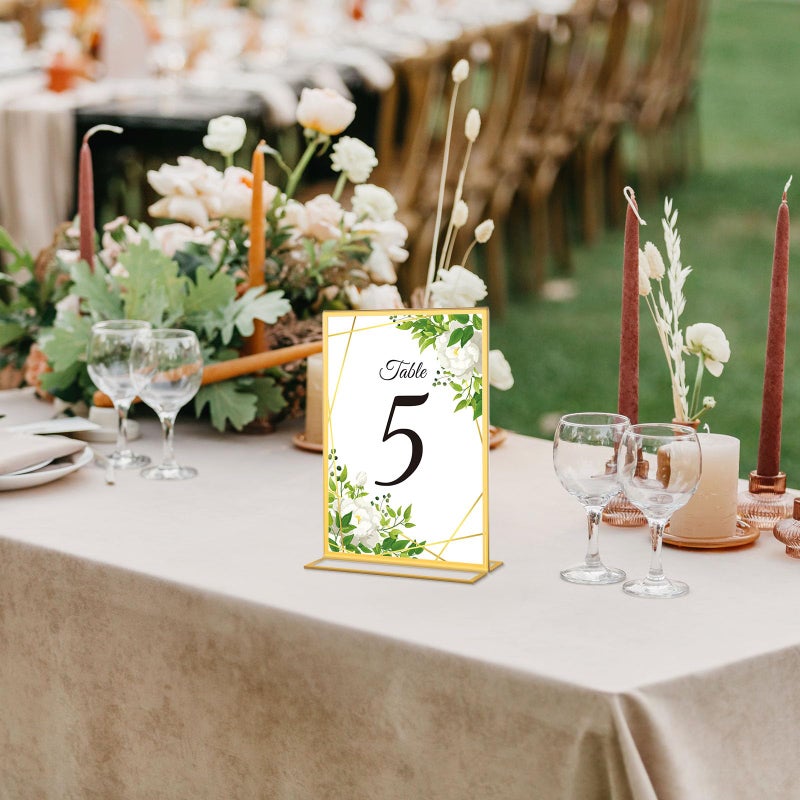 Alffun 10 Pack Gold Acrylic Sign Holders 4x6 Inch, Double Sided Vertical Stand Clear Picture Frames, Table Menu Display Holders for Wedding Table Numbers, Restaurant Signs, Party and Office Photos - Image 2